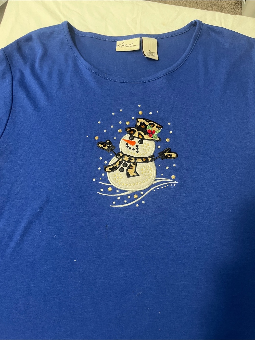 Karen Scott Royal Blue Snowman Tee with Leopard-Trim Hat